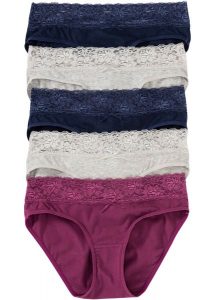 Figi z koronką (5 par). Szare figi bonprix, bez wzorów, z koronki. Za 57,99 zł.