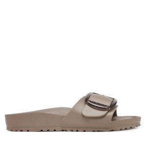 Klapki Birkenstock. Brązowe klapki Birkenstock, bez wzorów, bez obcasa. Za 249,99 zł.