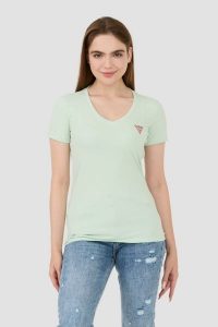 GUESS Miętowy t-shirt Mini Triangle Tee. Zielone t-shirty Guess, s, z aplikacjami, bez kołnierzyka, bez ramiączek. W wyprzedaży za 84,99 zł.