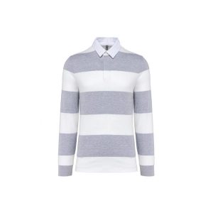 Koszulka polo w paski, długi rękaw Kariban. Szare bluzki KARIBAN, bez wzorów, bez kołnierzyka, bez ramiączek. Za 197,50 zł.