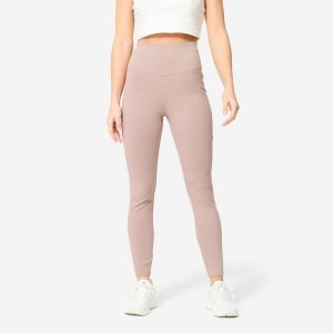 Legginsy fitness damskie Domyos. Brązowe legginsy NYAMBA, bez wzorów, z bawełny, z podwyższonym stanem. W wyprzedaży za 69,99 zł.