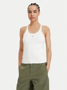 Tommy Jeans Top Racerback DW0DW22264 Beżowy jasny Slim Fit. Brązowe topy Tommy Jeans, l, bez wzorów, z bawełny, bez kołnierzyka, bez ramiączek. Za 169,99 zł.