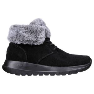 Buty Skechers On-the-GO Joy W 144042/BKGY czarne. Czarne botki bez wzorów, z zamszu, bez obcasa, bez zapięcia. Za 437,86 zł.
