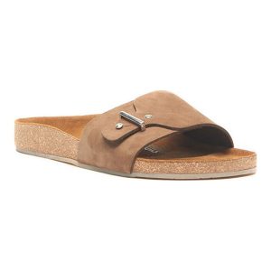 Comfortfusse Skórzane klapki w kolorze jasnobrązowym rozmiar: 40. Brązowe klapki Comfortfüße, bez wzorów, z nubiku, z otwartym noskiem, bez obcasa. Za 249,95 zł.