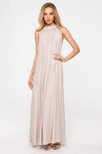 Brokatowa Maxi Sukienka z Dekoltem Typu Halter - Szampańska. Brązowe sukienki MOE, uniwersalny, bez wzorów, z elastanu, wizytowe, bez kołnierzyka, bez ramiączek, maxi. Za 296,05 zł.