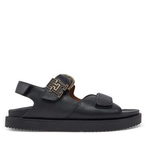 Sandały Tommy Hilfiger. Czarne sandały TOMMY HILFIGER, bez wzorów, bez obcasa, na płaskiej podeszwie, bez zapięcia. Za 399,99 zł.