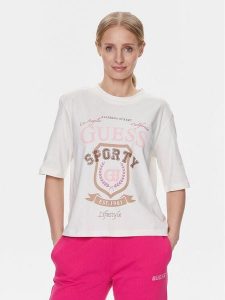 Guess T-Shirt V4RI07 K8FQ4 Biały Boxy Fit. Białe t-shirty Guess, xs, z aplikacjami, z bawełny, bez kołnierzyka, bez ramiączek. Za 89,99 zł.