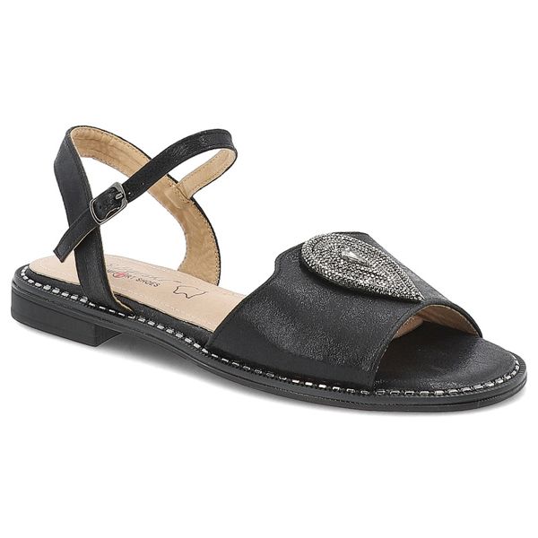 Sandały damskie S. Barski, ze sprzączką z eko skóry eleganckie z ozdobą, czarne, KV51-098. Czarne sandały S.BARSKI, z aplikacjami, ze skóry, bez obcasa, bez zapięcia. Za 125,90 zł.