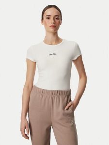 Guess T-Shirt V6YI01 K4258 Kremowy Slim Fit. Białe t-shirty Guess, xl, z aplikacjami, z bawełny, bez kołnierzyka, bez ramiączek. Za 154,99 zł.