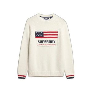 Damski sweter z okrągłym dekoltem Superdry Americana. Białe swetry klasyczne Superdry, na zimę, bez kołnierzyka. Za 353,95 zł.