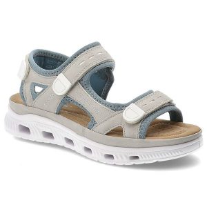 Sandały damskie Rieker, cholewka z materiału tekstylnego regulowane paski z zapięciem na rzep na lekkiej sportowej podeszwie, szare, 64074-40. Szare sandały Rieker, bez wzorów, bez obcasa, bez zapięcia. Za 359,00 zł.