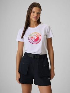 4F T-shirt regular z nadrukiem damski - biały M. Białe t-shirty 4f, m, bez wzorów, z bawełny, bez kołnierzyka, bez ramiączek. Za 59,99 zł.