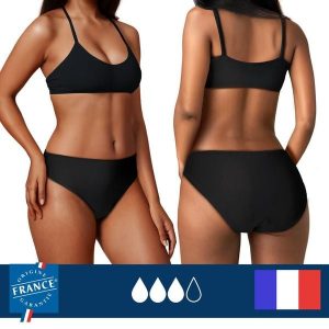 Dół menstruacyjnego stroju kąpielowego- duża chłonność. Czarne bikini PLIM UNDERWEAR, bez wzorów. Za 149,99 zł.