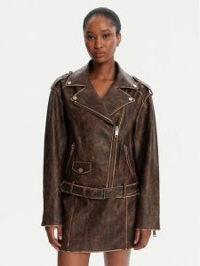 Guess Kurtka z imitacji skóry W5YL04 WHDI0 Brązowy Regular Fit. Brązowe kurtki Guess, m, z aplikacjami, ze skóry, bez kaptura. Za 489,99 zł.