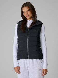 4F Bezrękawnik puchowy z wypełnieniem naturalnym damski - czarny XL. Czarne kamizelki 4f, xl, bez wzorów, z materiału, bez kołnierzyka, bez ramiączek, bez kaptura. Za 399,99 zł.