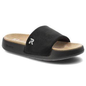 Klapki damskie Rieker, cholewka z tworzywa wsuwany fason szeroki pasek z przodu, czarne, W3250-00. Czarne klapki Rieker, bez wzorów, bez obcasa. Za 249,00 zł.