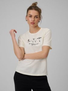 4F T-shirt regular z nadrukiem damski - beżowy M. Brązowe t-shirty 4f, m, bez wzorów, z bawełny, bez kołnierzyka, bez ramiączek. W wyprzedaży za 49,99 zł.