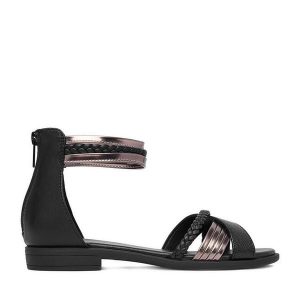 Sandały JENNY. Czarne sandały Jenny, bez wzorów, bez obcasa, na płaskiej podeszwie, bez zapięcia. Za 99,99 zł.