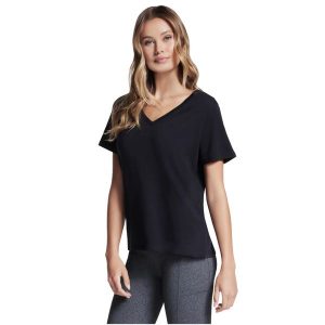 T-shirt sportowy z krótkim rękawem damski Pima V-Neck Tee. Czarne koszulki sportowe Skechers, bez wzorów, z poliesteru, bez ramiączek. Za 119,99 zł.