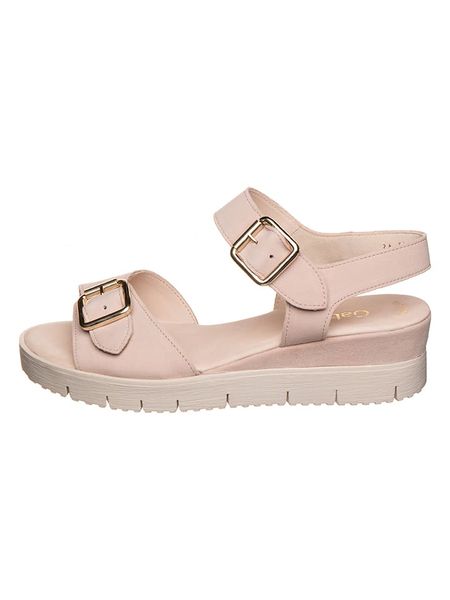 Gabor Skórzane sandały w kolorze jasnoróżowym na koturnie rozmiar: 40. Różowe sandały Gabor, bez wzorów, z otwartym noskiem, bez obcasa, na koturnie, bez zapięcia. Za 140,20 zł.