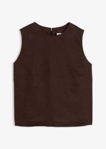 Krótki top z czystego lnu. Brązowe topy bonprix, bez wzorów, bez kołnierzyka, bez ramiączek. Za 129,99 zł.