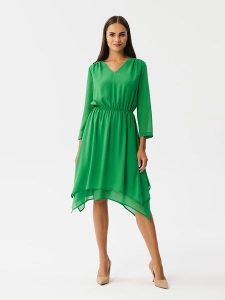 Stylove Sukienka w kolorze zielonym rozmiar: XL. Zielone sukienki Stylove, na co dzień, xl, bez wzorów, z asymetrycznym kołnierzem, bez ramiączek, midi, asymetryczne. Za 329,42 zł.