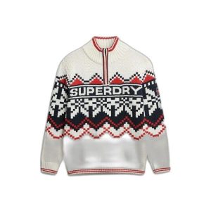 Kardigan z wzorem intarsjowym i kołnierzem typu stójka dla kobiet Superdry. Brązowe kardigany Superdry. Za 428,40 zł.