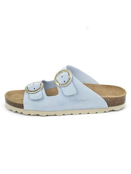 BABUNKERS Family Skórzane klapki w kolorze błękitnym rozmiar: 41. Niebieskie klapki BABUNKERS Family, bez wzorów, z otwartym noskiem, bez obcasa. Za 143,90 zł.