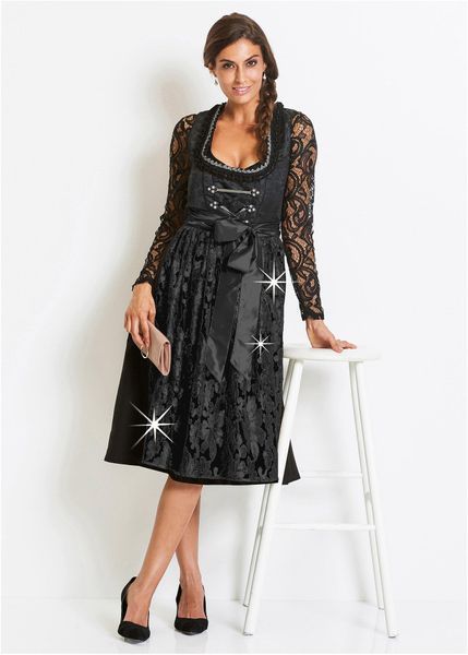 Sukienka w ludowym stylu + fartuch (kompl. 2-częściowy). Czarne sukienki bonprix, bez wzorów, bez kołnierzyka, bez ramiączek. Za 669,99 zł.