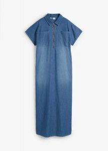 Sukienka dżinsowa maxi. Niebieskie sukienki bonprix, bez wzorów, bez kołnierzyka, bez ramiączek, maxi. Za 149,99 zł.