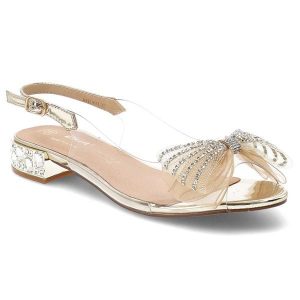 Sandały damskie D&A by S.Barski o eleganckim fasonie z transparentną cholewką ozdobną kokardą z cyrkoniami i efektownym obcasem złote, MR62-9073 Gold. Żółte kombinezony S.BARSKI, l, z aplikacjami, eleganckie, bez kołnierzyka, bez ramiączek. Za 179,99 zł.