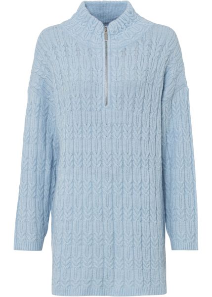 Długi sweter we wzór w warkocze. Szare długie swetry bonprix, bez kołnierzyka. Za 129,99 zł.