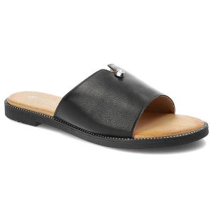 Czarne Klapki Filippo Eleganckie Buty Damskie. Czarne klapki Filippo, z aplikacjami, ze skóry ekologicznej, bez obcasa. Za 129,00 zł.