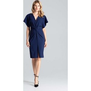 Granatowa Elegancka Sukienka Midi z Zakładanym Dekoltem. Czarne sukienki Figl, m, bez wzorów, z elastanu, eleganckie, bez kołnierzyka, bez ramiączek, midi. Za 289,00 zł.