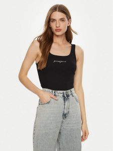 Guess Top W5RP48 KA0H1 Czarny Regular Fit. Czarne topy Guess, xs, z aplikacjami, z bawełny, bez kołnierzyka, bez ramiączek. Za 109,99 zł.