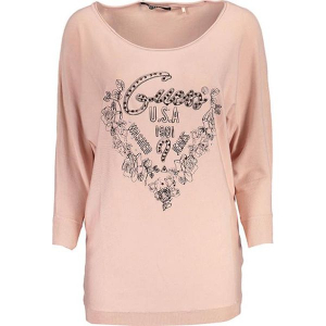 Sweter w kolorze jasnoróżowym. Czerwone swetry oversize marki Guess, z nadrukiem, z długim rękawem. W wyprzedaży za 249,95 zł.