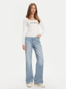 Guess Bluzka O5RI00 KBBU1 Biały Regular Fit. Białe bluzki Guess, xs, z aplikacjami, z bawełny, bez kołnierzyka, bez ramiączek. Za 139,99 zł.