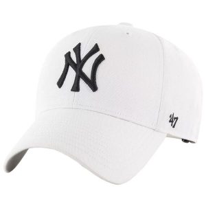 Czapka z daszkiem dla dorosłych MLB New York Yankees Cap. Białe czapki 47 Brand, bez wzorów, z materiału, sportowe. Za 99,99 zł.