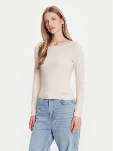 Guess Bluzka W5BP46 KCYV2 Beżowy Slim Fit. Brązowe bluzki Guess, xxl, z aplikacjami, z wiskozy, bez kołnierzyka, bez ramiączek. Za 179,99 zł.