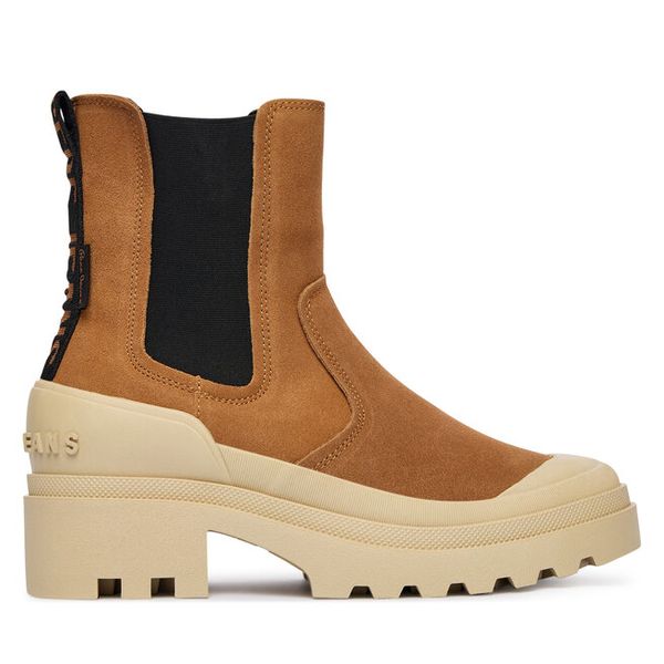 Sztyblety Pepe Jeans. Brązowe botki Pepe Jeans, bez wzorów, z jeansu, bez obcasa, na płaskiej podeszwie, bez zapięcia. Za 269,99 zł.