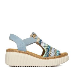 Sandały Rieker. Niebieskie sandały Rieker, bez wzorów, bez obcasa, na koturnie, bez zapięcia. Za 329,99 zł.