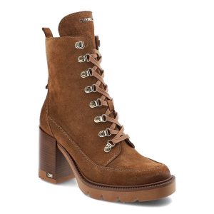 Brązowe Botki Chebello Eleganckie Buty Na Słupku. Brązowe botki CheBello, z aplikacjami, z materiału, bez obcasa, na obcasie, bez zapięcia. Za 459,00 zł.