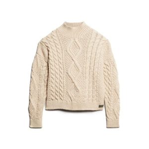 Damski sweter polo z dzianiny Superdry Aran Cable. Białe swetry klasyczne Superdry, na zimę, z dzianiny, bez kołnierzyka. Za 398,00 zł.
