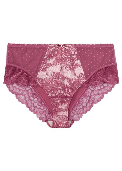 Figi z wysokim stanem z delikatną koronką. Fioletowe figi bonprix, bez wzorów, z koronki. Za 42,99 zł.