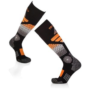 Skarpety narciarskie z wełny merynosów 3/4 długości, czarno-pomarańczowe. Brązowe rękawiczki TRY TO FLY, na zimę, bez wzorów, z wełny. W wyprzedaży za 117,72 zł.