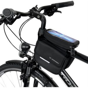 Torba rowerowa na ramę Wozinsky wodoodporne etui na telefon 1,5l. Czarne torebki klasyczne WOZINSKY, bez wzorów, bez dodatków. W wyprzedaży za 52,50 zł.