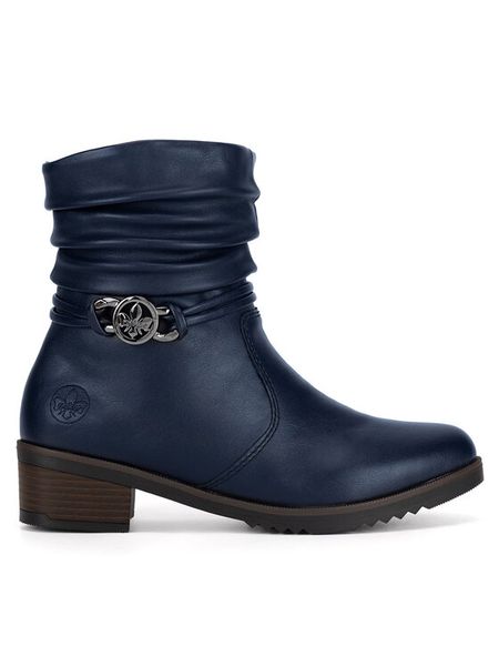 Rieker Botki Y0572-14 Niebieski. Niebieskie botki Rieker, bez wzorów, z materiału, bez obcasa, na słupku, bez zapięcia. Za 295,00 zł.