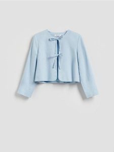 Marynarka z lnem i wiskozą - jasnoniebieski. Niebieskie marynarki i żakiety Reserved, l, bez wzorów, z tkaniny. Za 159,99 zł.