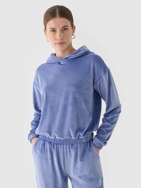 4F Bluza dresowa z weluru nierozpinana z kapturem damska - granatowa S. Niebieskie bluzy 4f, s, bez wzorów, z dresówki, z kapturem. W wyprzedaży za 49,99 zł.