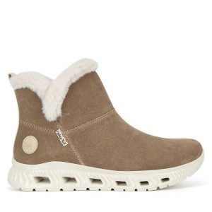 Botki Rieker. Brązowe botki Rieker, bez wzorów, bez obcasa, na płaskiej podeszwie, bez zapięcia. Za 311,00 zł.